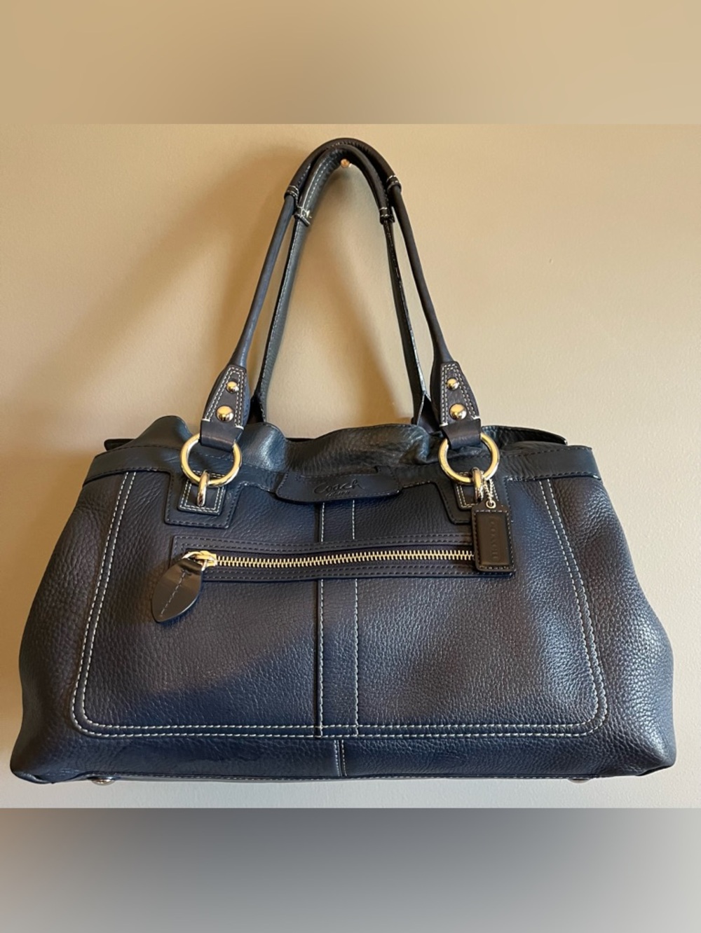Coach Navy Penelope Pebbled Leather Shoulder/Handbag W/White Contrast Stitching